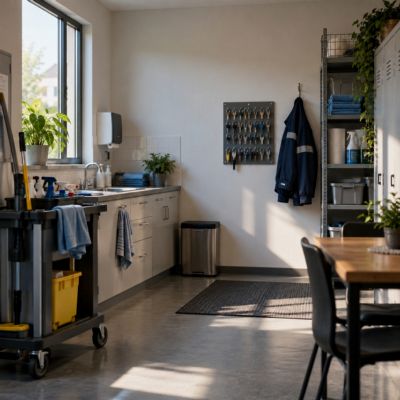 Apartman görevlisi ortak alanda çalışırken